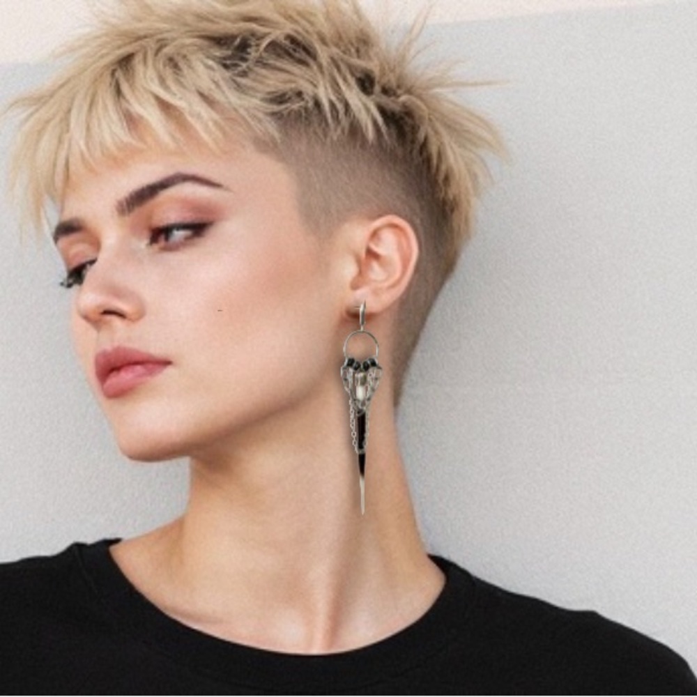 Edgy silver chain and real porcupine quill earrings